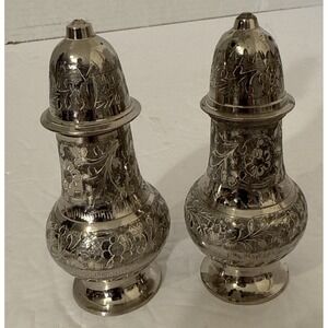Vintage Etched Silver Plated 4" Tall‎ Salt and Pepper Shaker Set-Made In India